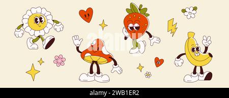 Retro groovy cartoon characters of daisy and mushroom, banana and strawberry with decorative elements. Vector set of cute fruits and flowers with funny face emotions and poses for vintage design. Stock Vector