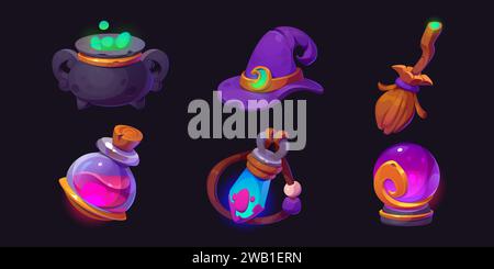 Wizard or witch game cartoon icons. Vector illustration of magic staff of cauldron with mystery green potion, purple hat and wooden broom, fantasy fortune ball and amulet, glass bulb with pink poison. Stock Vector