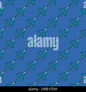 Fighter Jet vector concept colored background. Military Fighter Aircraft blue seamless pattern Stock Vector