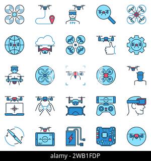 FPV Drone colored icons set. Drone and Quadcopter concept creative vector signs Stock Vector