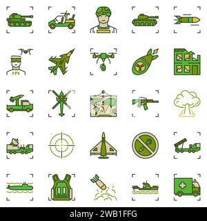 War colored icons set. Army and Military vector concept creative signs collection Stock Vector