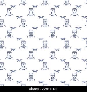 FPV Drone and Man vector concept seamless pattern in thin line style Stock Vector