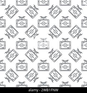Drone with Tablet vector Quadcopter Control concept thin line seamless pattern Stock Vector