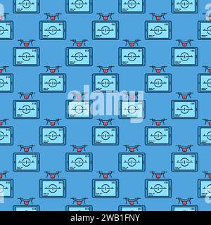 Tablet and Quadcopter vector Drone Control concept colored seamless pattern Stock Vector