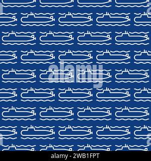 Submarine vector Army concept blue seamless pattern in thin line style Stock Vector
