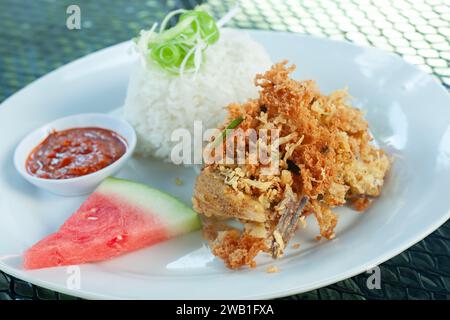 Crispy chicken rice with fruit and spicy sauce Stock Photo
