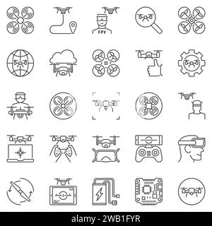 FPV Drone outline icons set - Quadcopter gadget concept linear symbols collection. Copter vector signs Stock Vector