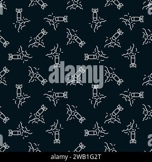 Rocket Hit with Explosion vector concept dark seamless pattern in outline style Stock Vector