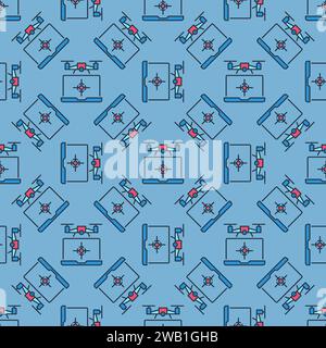 Laptop and Quadcopter vector Drone concept colored seamless pattern Stock Vector