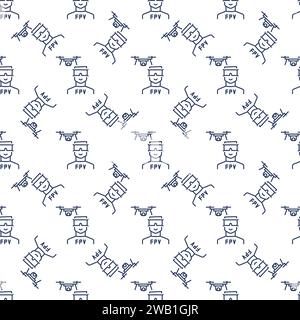 FPV Drone and Man with Goggles vector concept seamless pattern in outline style Stock Vector
