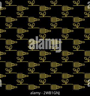 Corn Bulb Growing Lamp vector Phyto Light Bulb concept dark seamless pattern in outline style Stock Vector