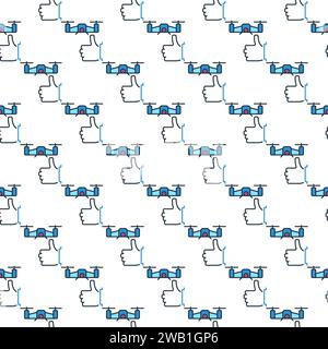 Thumbs Up and Quadcopter vector I Love Drones concept colored seamless pattern Stock Vector