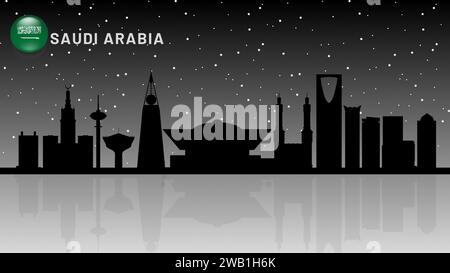 Saudi Arabia skyline, Saudi Arabia Urban cityscape, Saudi Arabia skyscraper buildings beautiful snow falling vector silhouette. vector illustrator Stock Vector