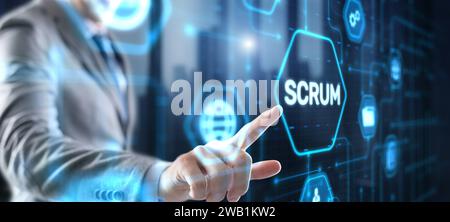 Businessman presses a button Scrum process software development outline concept Stock Photo