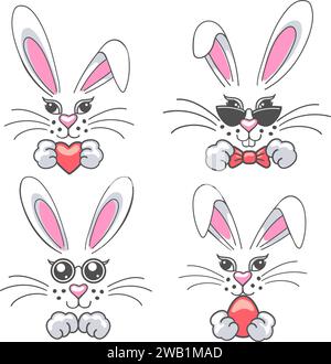 Cartoon easter bunny set. Bunny rabbit in glasses bow tie holds egg toy heart easter holiday design element collection isolated vector illustration Stock Vector