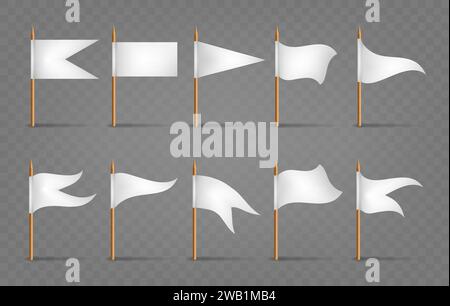 White 3d flags icons. Realistic blank pennant banners on wooden poles, whiteness flag set on wood stick toothpicks isolated vector illustration Stock Vector