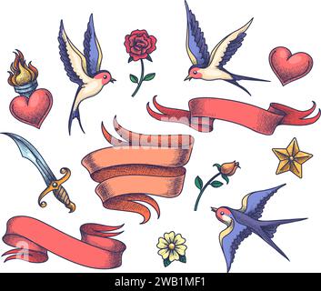 Old school tattoo design elements collection. Colored scroll banners flying swallow birds flowers burning heart dagger star drawn in engraving style i Stock Vector