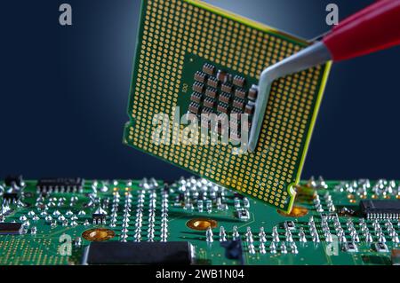 A technician holds a CPU chip in an LGA package with tweezers over an electronic circuit board. Stock Photo