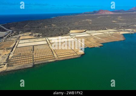 Drone photography, Salinas de Janubio are the largest salt flats in the Canary Islands. The Salinas are a unique natural spectacle on Lanzarote. Spain Stock Photo