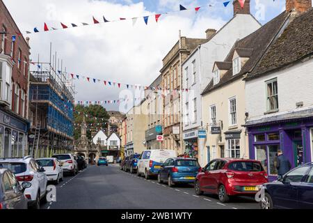 Malmesbury Wiltshire, view of the town centre along High street, with street bunting flying,England,UK,2023 Stock Photo