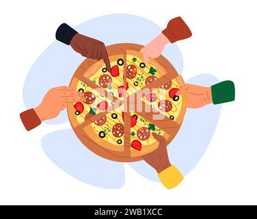 People in pizzeria. Overhead view of hands take slices of pizza from wooden tray. Italian food. Arms holding meal pieces. Friends party. Pepperoni Stock Vector