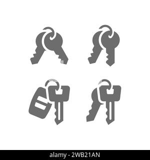 Keyring and keys vector icon set. Car and home key chain icons. Stock Vector
