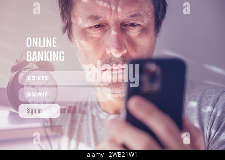 Man logging online banking app on smartphone device, selective focus Stock Photo