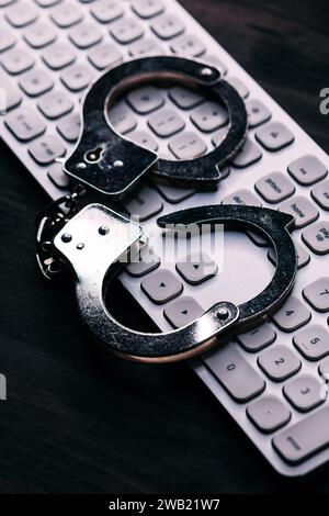 High tech IT cyber crime arrest concept, image of police handcuffs over computer keyboard, selective focus Stock Photo