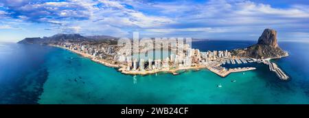 Costa Blanca, Spain. Aerial drone panoramic view of coastal city Calpe with great beaches. Alicante province Stock Photo