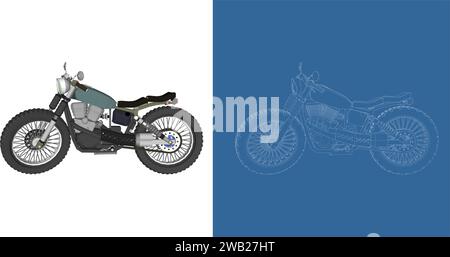 Retro tracker classic motorcycle wireframe blueprint vector illustration Stock Vector