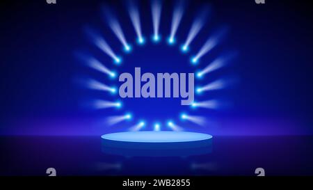 Stage, podium, spotlights in a circle. Blue backdrop, background for displaying products. Bright spotlights. Shining blue stage lights with ramp light Stock Vector