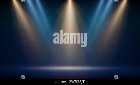 Golden, blue spotlight backdrop. Illuminated blue stage. Background displaying products. Bright beams of spotlights, shimmering glittering particles Stock Vector