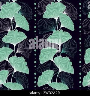 Ginkgo plant seamless pattern. Ginkgo biloba tree leaf outlines, silhouettes, vector illustration. Floral repeat pattern textile design, wallpaper. Stock Vector