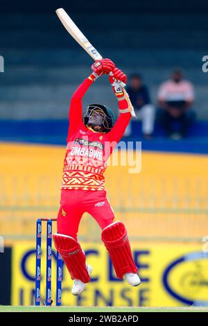 Colombo, Sri Lanka. 08th January 2024. Zimbabwe's Joylord Gumbie plays a shot during the 2nd one-day international (ODI) cricket match between Sri Lanka vs Zimbabwe at the R. Premadasa Stadium in Colombo on 08th January 2024. Viraj Kothalwala/Alamy Live News Stock Photo