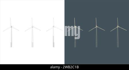 windmill Wind turbine line Wire-frame style . Alternative renewable power generator green energy Stock Vector