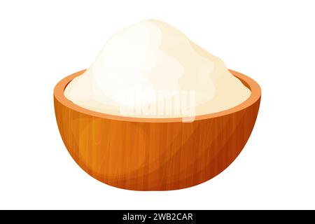 Wooden bowl with flour, wood plate in cartoon style isolated on white background. Baking raw powder grain. Vector illustration Stock Vector