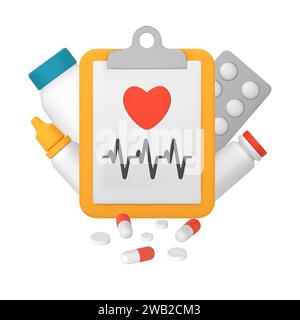 Medical card, clipboard with heart and heartbeat. Medicines, capsules, tablets. Cardiogram results. Medical treatment. 3D vector illustration isolated Stock Vector