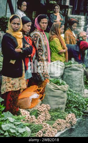 Indonesia, West Sumatra. Minangkabau women sell vegetables. The Minangkabau society is matrilineal, in which properties such as land and houses are in Stock Photo