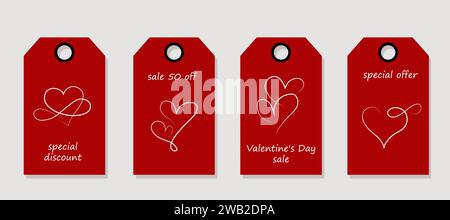 Vector set of discount price tags. Labels with Heart continuous one line drawing. Valentine's day sale. Stock Vector