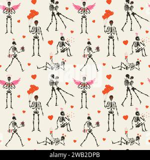 Seamless pattern with Funny Skeleton with decor for Valentine's day. Stock Vector