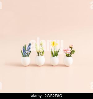 easter eggs with spring blossoming flowers. still life with copy space Stock Photo