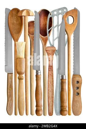 Various vintage cooking spoons and knives isolated on white background Stock Photo