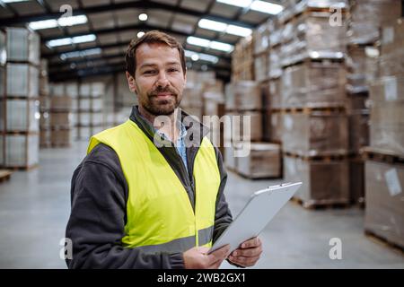 Portrait of warehouseman with clipboard checking delivery, stock in warehouse. Warehouse worker preparing products for shipment. Stock Photo