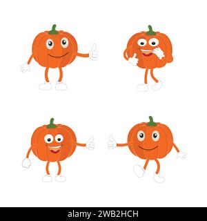 Pumpkins character cartoon, Halloween pumpkin icon vector. Flat design, halloween scary pumpkin with smile, happy face, various expression. Stock Vector