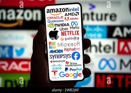 US Tech Giants like Google Amazon Meta Apple Microsoft displayed on smartphone Stock Photo
