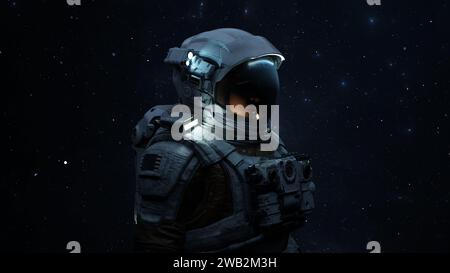 Portrait Woman cosmonaut in a helmet, astronaut space exploration, starry sky. 3d render Stock Photo