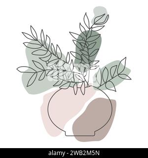 Line art potted eucalyptus, Vector outline Isolated House plant with colorful Abstract Boho shape background. Stock Simple Botany illustration for Car Stock Vector