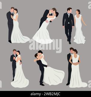 Wedding couples. Bride in wedding dress, just married couple and marriage ceremony vector illustration set. Bride and groom Faceless portrait, couple Stock Vector