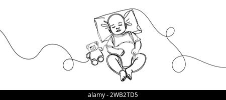 One line of sleeping cute little baby with Teddy bear. Vector illustration. Stock Vector