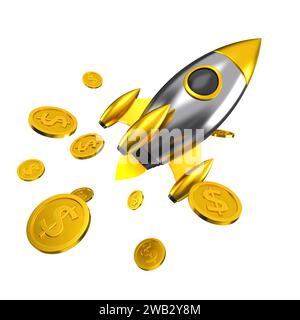 Rocket fly with dollar golden coins isolated. Cartoon spaceship of growth currency money rate concept. 3d rendering. Stock Photo